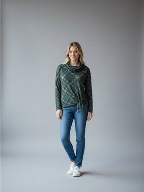 NEW! AGB Green Black Plaid Cowl-Neck Tie-Hem Long Sleeve‎ Blouse Womens Large
